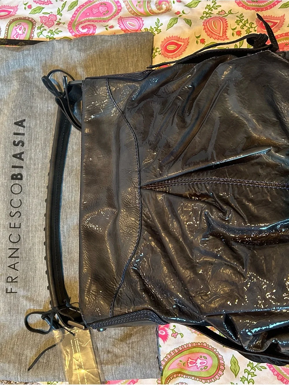 Francesco Biasia Dark Storm Grey Patent Leather Hobo Shoulder Bag